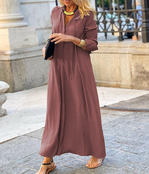 Color-Large Swing Dress Solid Color Collared Long Sleeve Simple Casual Long Shirt Dress-Fancey Boutique