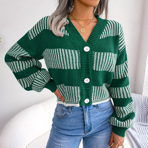 Color-Green-Winter Striped Lantern Sleeve Cardigan Sweater Coat Women Clothing-Fancey Boutique