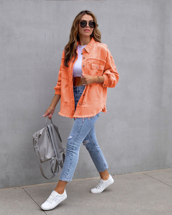 Color-Orange-Arrival Multicolor MidLength Ripped Loose Denim Jacket Women Jacket Women-Fancey Boutique