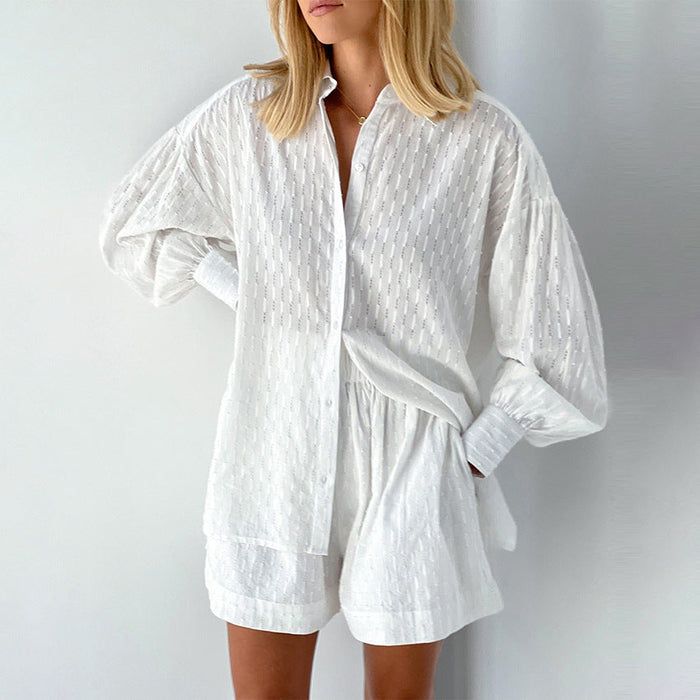 Color-Summer French White Jacquard Cotton Puff Sleeve Casual Shorts Suit Ladies Homewear Cool Pajamas-Fancey Boutique