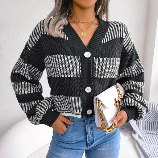 Color-Black-Winter Striped Lantern Sleeve Cardigan Sweater Coat Women Clothing-Fancey Boutique