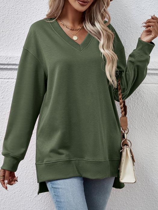 Color-Autumn Winter Women Clothing Sweater Solid Color V Neck Split Front Short Back Long Blouse-Fancey Boutique