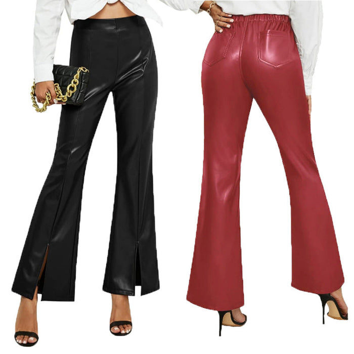 Color-Summer High Waist Slim Fit Slit Bell-Bottom Pants Casual Leather Pants-Fancey Boutique