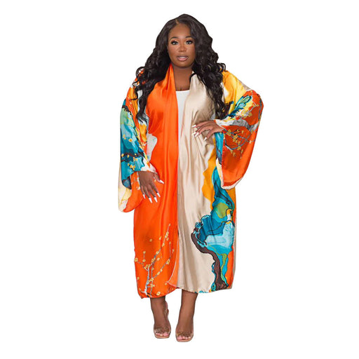 Color-Orange-Coat Artificial Silk Multi Print Casual Trench Coat-Fancey Boutique