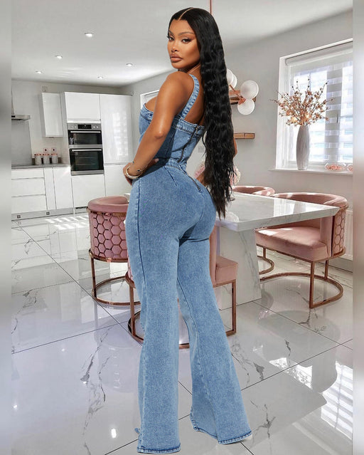 Color-Denim Jumpsuit Women Slim Fit Bodysuit Waist Tight Washed Suspender Jumpsuit-Fancey Boutique