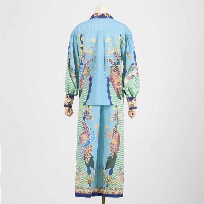 Color-Spring Printing Collared Puff Sleeve Long Sleeve Shirt High Waist Wide Leg Mopping Blouse Pants-Fancey Boutique