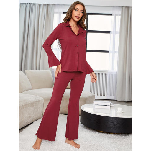 Color-Red-Pajamas Women Autumn Winter Red Threaded Long Sleeve Home Wear Two Piece Set-Fancey Boutique