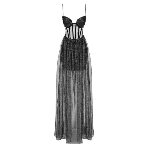 Color-Black-Black Suspender Gold Sleeveless Mesh Pleating Patchwork Maxi Dress Women Clothing Sexy Dress-Fancey Boutique