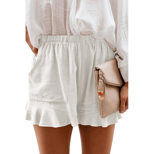 Color-White-Solid Color Loose Pockets Casual Pants Summer Ruffled Hem Short Shorts Women-Fancey Boutique