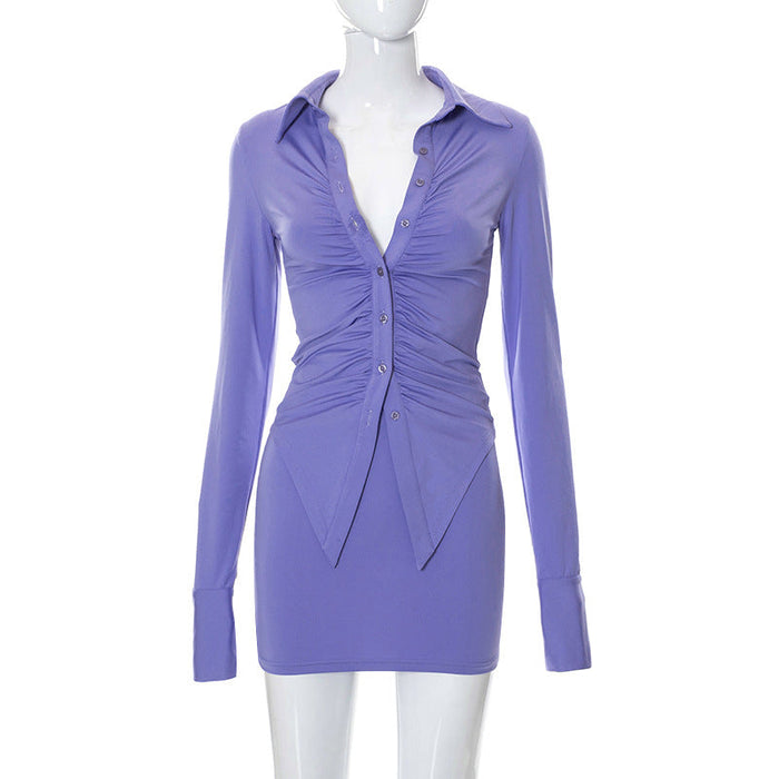 Color-Purple-Autumn Solid Color Long Sleeve Polo Collar Top Sheath Skirt Set Women Clothing-Fancey Boutique