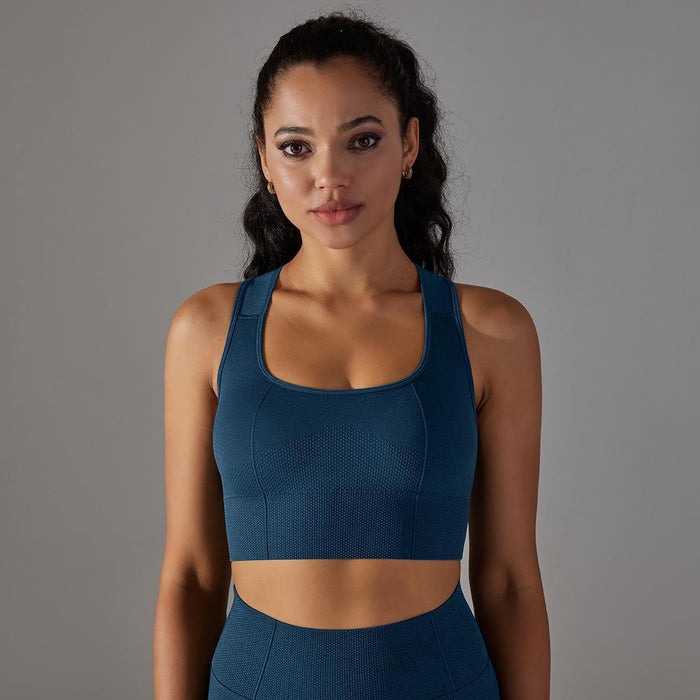 Color-Elastic Bra-Blue-Solid Color Beauty Back Fitness Underwear Sports Women Seamless Knitted Gathering Vest Shockproof Workout Bra-Fancey Boutique