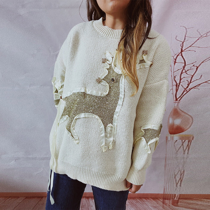 Color-Autumn Winter Christmas Sweater Ribbon Gold Thread Jacquard Deer Round Neck Thickened Knitted Pullover-Fancey Boutique