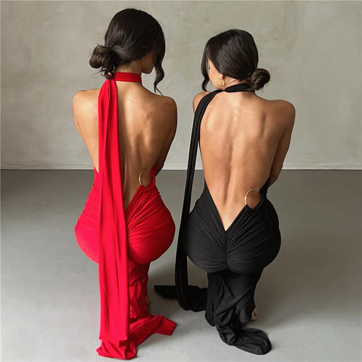 Color-Summer Women Clothing Sexy Backless Halter Sheath Slim Fit Evening Dress Dress for Women-Fancey Boutique