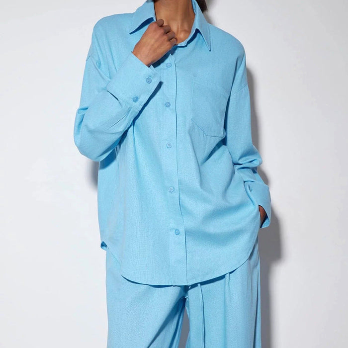 Color-Blue Cotton Linen Collared Long Sleeve Wide Leg Trousers Loose Outfit Autumn Women Clothing-Fancey Boutique