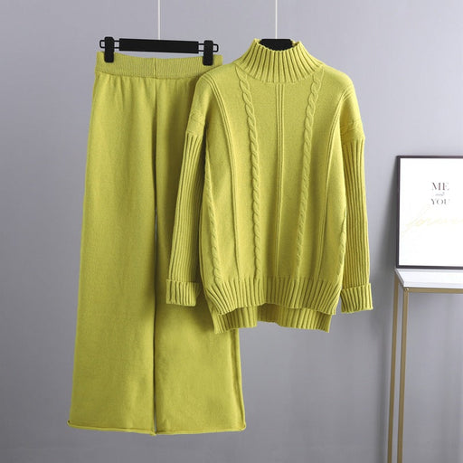 Color-Green-High End Mock Neck Sweater Wide Leg Pants Suit for Women Autumn Winter Younger Knitted Two Piece-Fancey Boutique