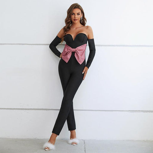 Color-Jumpsuit Elegant Sexy Tube Top off Neck Bow Bandage Jumpsuit Women Bodysuit-Fancey Boutique