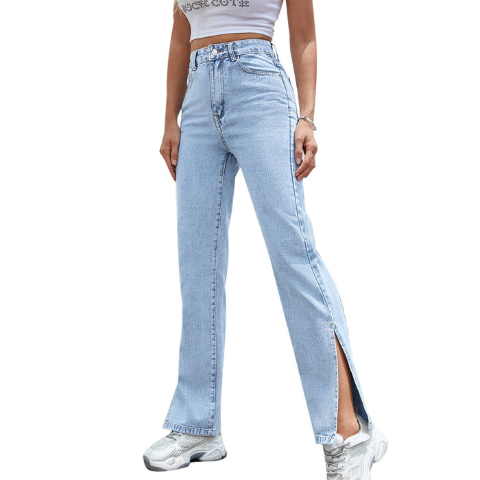 Color-light blue-Fashionable Denim Trousers Women Split Wide Leg Straight Loose High Waist Slimming Trousers-Fancey Boutique