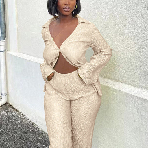 Color-Khaki-Pleated Long Sleeve Set Women Clothing Shirt Wide Leg Pants Casual Two Piece Set Autumn-Fancey Boutique