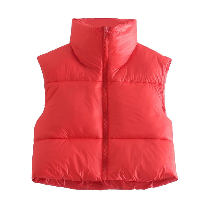 Color-Red-Sleeveless Zipped Stand Collar Cotton Vest Autumn Winter Multi Color Slim Fit Cotton Padded Jacket Vest Top-Fancey Boutique