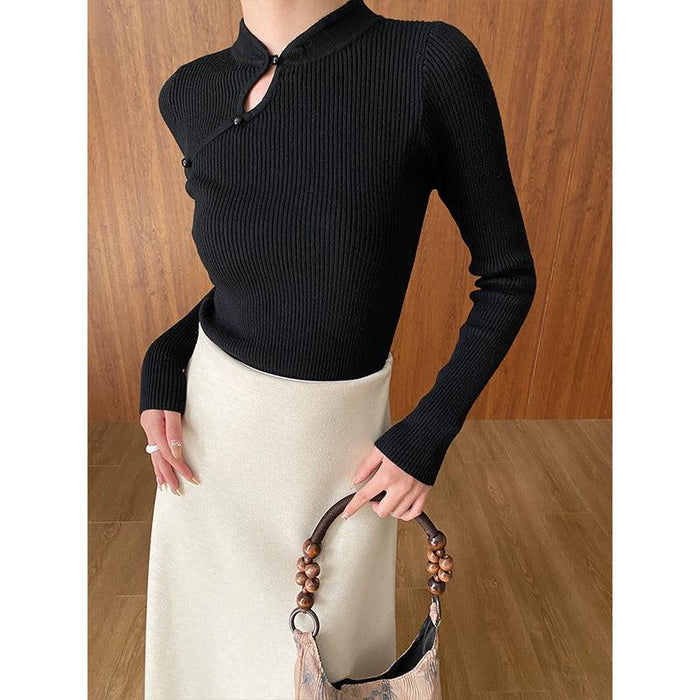 Color-Chinese Advanced Buckle National Stand Up Collar Slim Fit Slim Looking Base Knitwear-Fancey Boutique