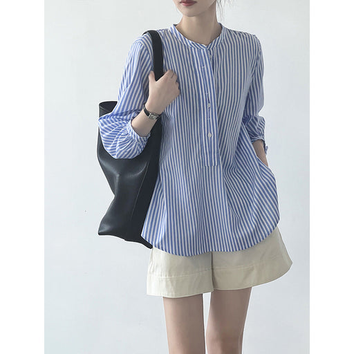 Color-Korean Half Placket Striped Shirt for Women Autumn Stand Collar Long Sleeve Design Blouse-Fancey Boutique