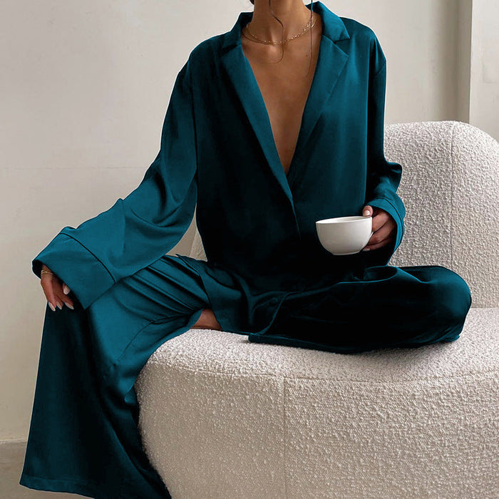 Color-Blue2-Spring Summer Blue Thin Women Home Silk-like Solid Color Pajamas Ice Silk Loose Can Be Worn outside-Fancey Boutique