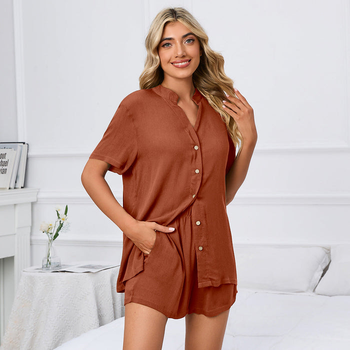 Color-Red-Spring Summer Solid Color V neck Loose Button T shirt Shorts Home Casual Suit-Fancey Boutique