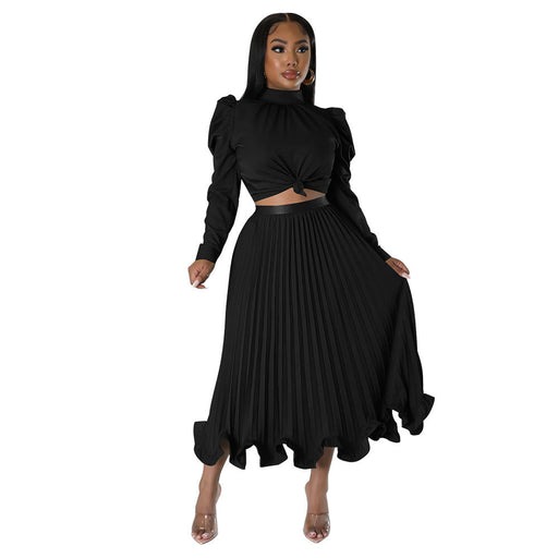 Color-Black-Autumn Women Clothing Puff Sleeve Top Ruffled Pleated Skirt Two Piece Set-Fancey Boutique