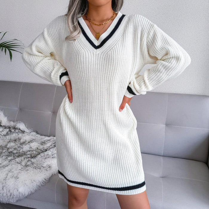 Color-Autumn Winter College V-neck Sweater Dress Knitted Dress Women Clothing-Fancey Boutique