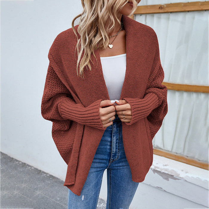 Color-Burgundy-Autumn Winter Women Knitted Sweater Solid Color Batwing Sleeve Sweater Cardigan Coat Women-Fancey Boutique