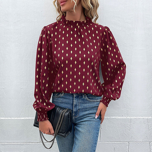 Color-Burgundy-Autumn Clothing Long Sleeve Bronzing Shirt Women-Fancey Boutique