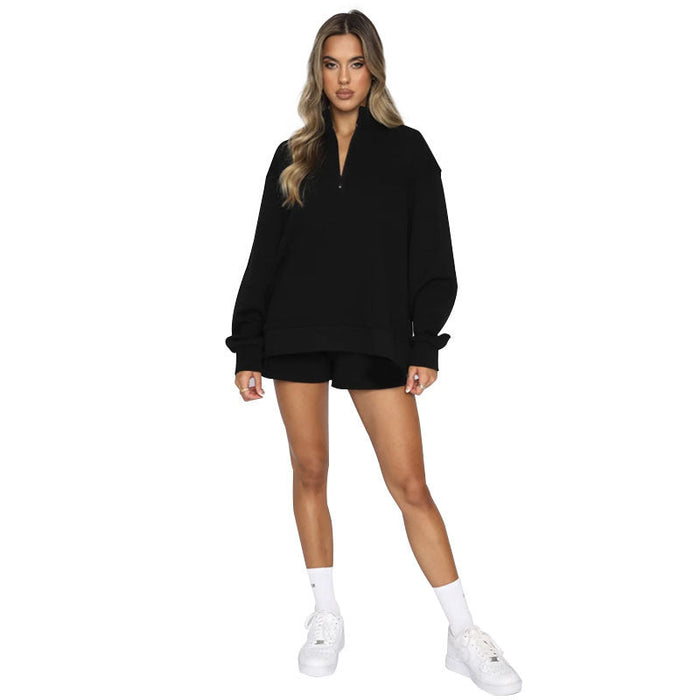 Color-Black-Autumn Winter Solid Color Stand Collar Zipper Pullover Long Sleeve Sweater Women Shorts Set-Fancey Boutique