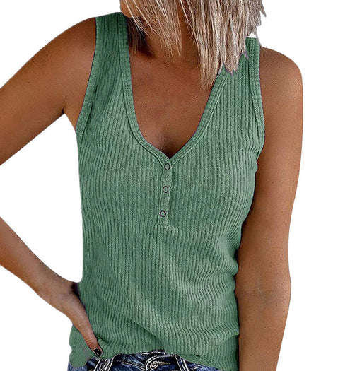 Color-Turquoise-Summer Women Button Vest Solid Color V-neck Sleeveless T-shirt Top-Fancey Boutique