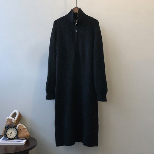 Color-Black-Zipper Long Sleeve Knitted Dress Winter Base Ride Mid Length Sweater Dress-Fancey Boutique