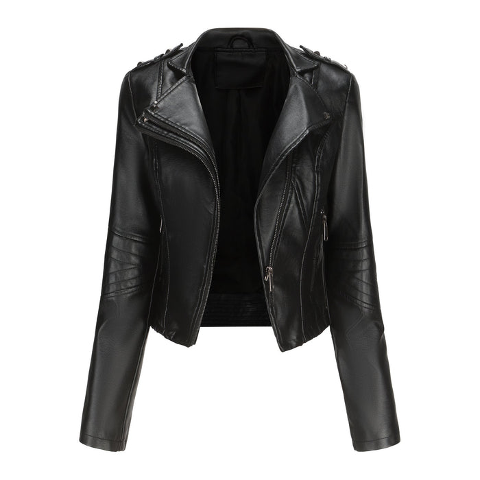 Color-Black-Slim Fit Long Sleeved Spring Autumn Leather Jacket Women Rivet Popular Short Jacket Zipper Leather Jacket-Fancey Boutique