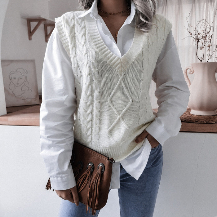Color-White-Autumn Winter V neck Twist Casual Loose Knitted Vest Sweater Waistcoat Women Clothing-Fancey Boutique