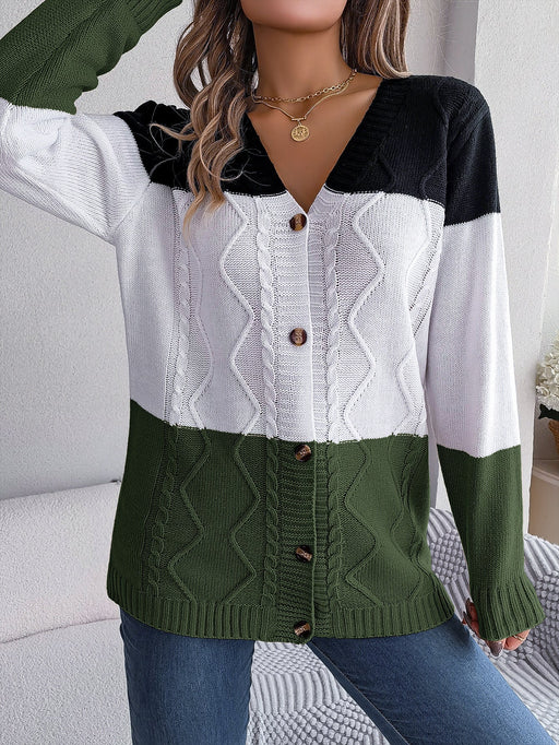 Color-Army Green-Autumn Winter Casual Contrast Color Button Long Sleeve Sweater Cardigan Coat Women Clothing-Fancey Boutique