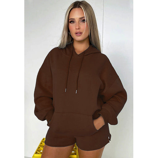 Color-Coffee-Autumn Winter Solid Color Thickened Fleece Lined Hooded Long Sleeve Sweater Women Casual Shorts Suit-Fancey Boutique