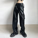 Color-Graceful Personality Adult Lady like Woman Handsome Locomotive Leather Pants Metal Buckle Belt Loose Casual Straight Trousers-Fancey Boutique