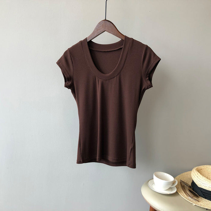 Color-Coffee-Solid Color T shirt for Women Summer Simplicity U Collar Slimming Stretch T shirt Top for Women-Fancey Boutique