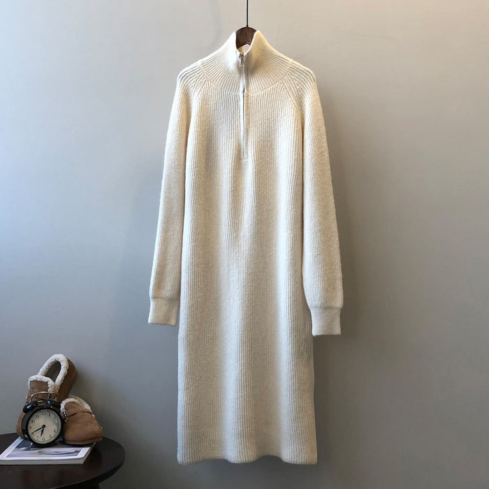 Color-Ivory-Zipper Long Sleeve Knitted Dress Winter Base Ride Mid Length Sweater Dress-Fancey Boutique