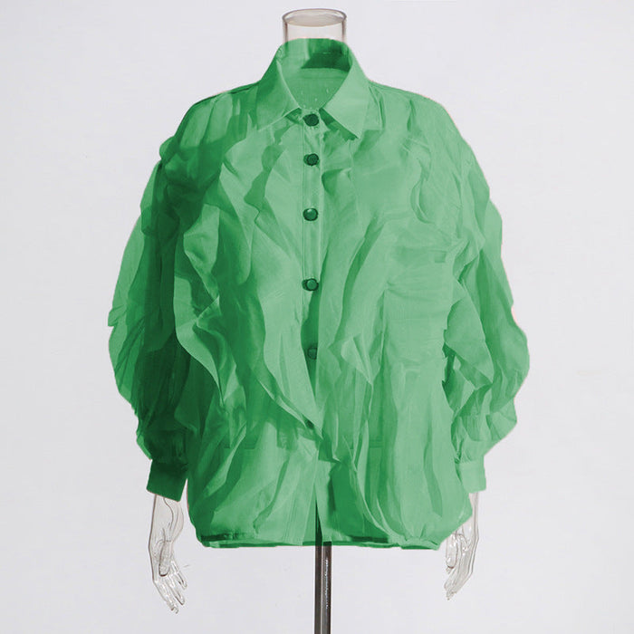 Color-Green-Autumn Niche Design Chiffon Blouse Office Wooden Ear Solid Color Chiffon Shirt for Women-Fancey Boutique