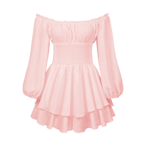 Color-Pink-Summer High Grade Women Pleated Neck Long Sleeve Casual Ruffled French Romper-Fancey Boutique