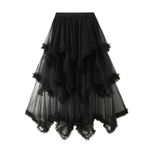 Color-Black-Wooden Ear Irregular Asymmetric Mesh Tiered Skirt Mid Length High Waist Big Swing Puffy Fairy Gauze Dress Long Skirt-Fancey Boutique