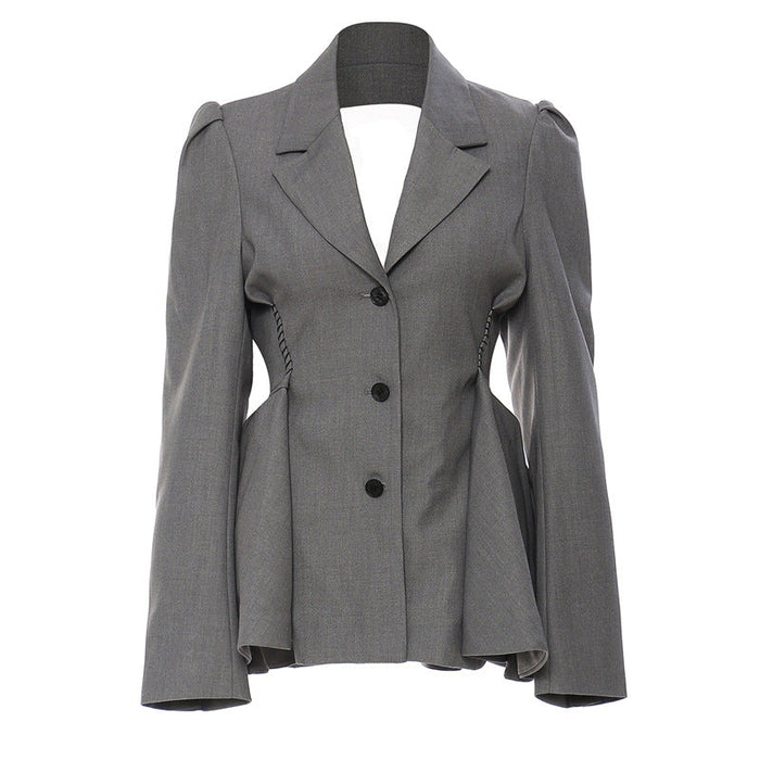 Color-Gray-Autumn Backless Lotus Leaf Hem Waist Slimming Coat Blazer for Women-Fancey Boutique