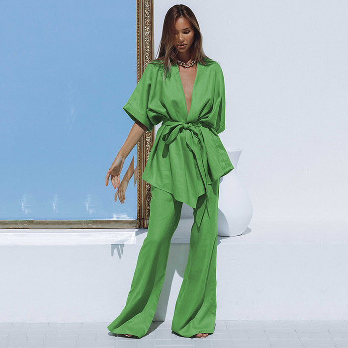 Color-Summer New Fashion Suit Cotton Linen Short-Sleeved Trousers Two-Piece Belt Design Casual Women Clothing-Fancey Boutique