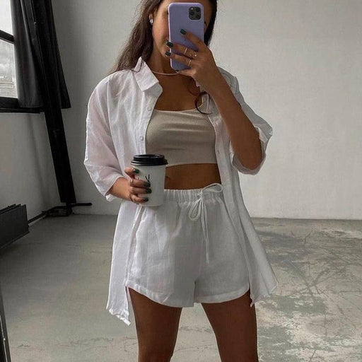 Color-White-Women Clothing Solid Color Single-Breasted Short Sleeve Shirt Shorts Loose Casual Suit-Fancey Boutique