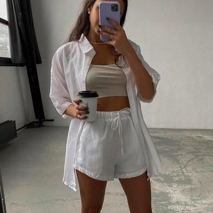Color-Women Clothing Solid Color Single-Breasted Short Sleeve Shirt Shorts Loose Casual Suit-Fancey Boutique