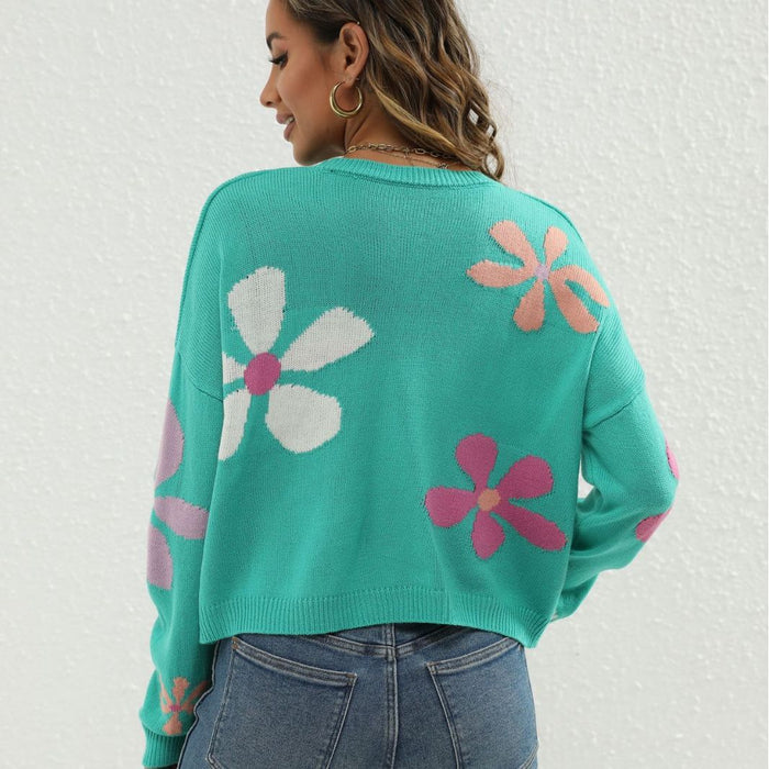 Color-Women Jacquard Contrast Color Floral Sweater O neck Short All Match Casual Pullover Sweater-Fancey Boutique