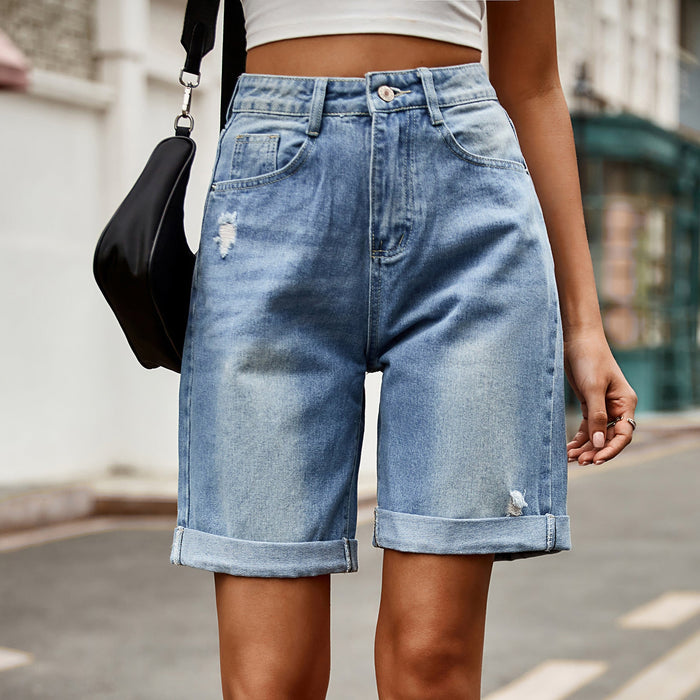 Color-Women Clothing Trade Ripped Curling Five Point Denim Shorts Casual Pants-Fancey Boutique